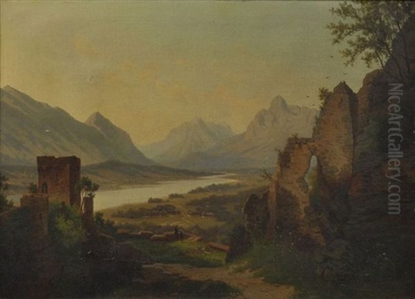 Rheinlandschaft, Im Vordergrund Burgruine Oil Painting by Eduard Hein