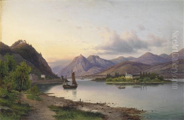 Blick Auf Die Insel Nonnenworth Mit Rolandsbogen Und Drachenfels Am Rhein Oil Painting by Eduard Hein