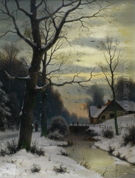 Winterlandschaft Mit Gehoft Und Wald An Einem Kanal Oil Painting by Eduard Hein