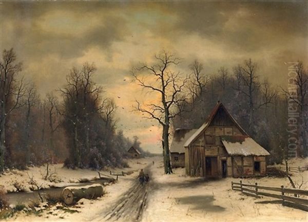 Winterliche Landschaft Mit Bauernkate. Abendstimmung Oil Painting by Eduard Hein