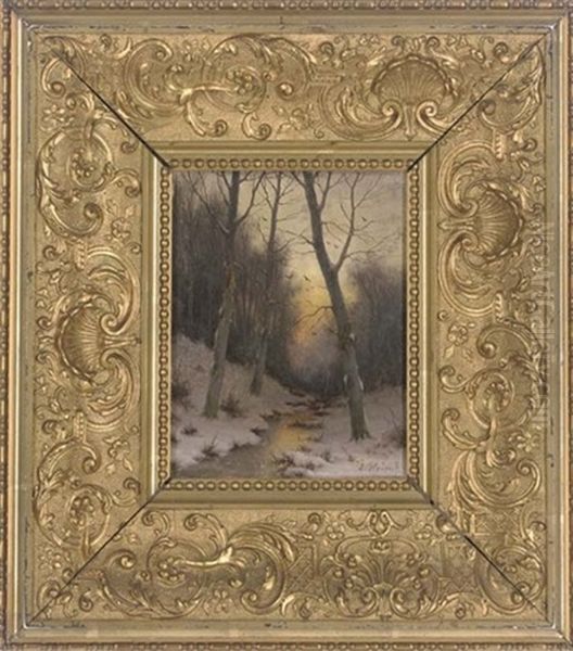 Sunset Over A Stream Through A Snowy Forest by Eduard Hein