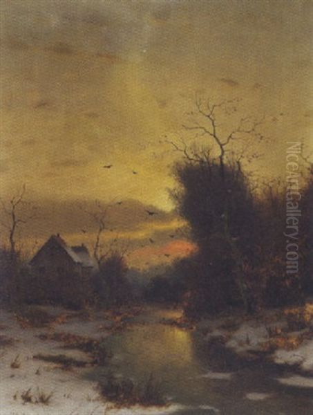 Vinterlandskab Med Hus, Alob Og Flyvende Fugle Oil Painting by Eduard Hein