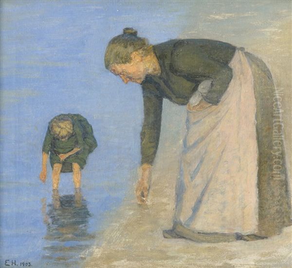 Fiskerkone Ved Stranden, Skagen: Die Frau Eines Fischers Mit Kind Am Strand Bei Skagen Oil Painting by Einar Hein