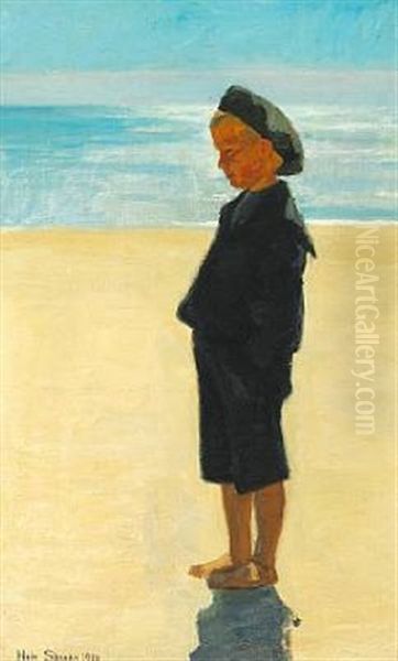 A Young Boy Otto Svendsen On The Beach, Skagen Oil Painting by Einar Hein