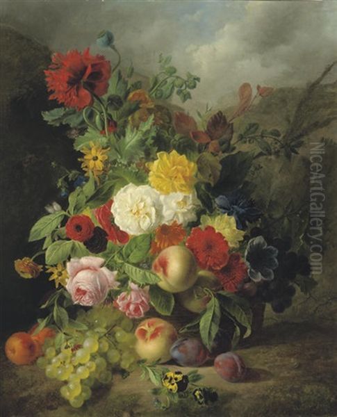 A Monumental Bouquet With Fruit And Flowers In A Basket Oil Painting by Hendrik Jan Hein