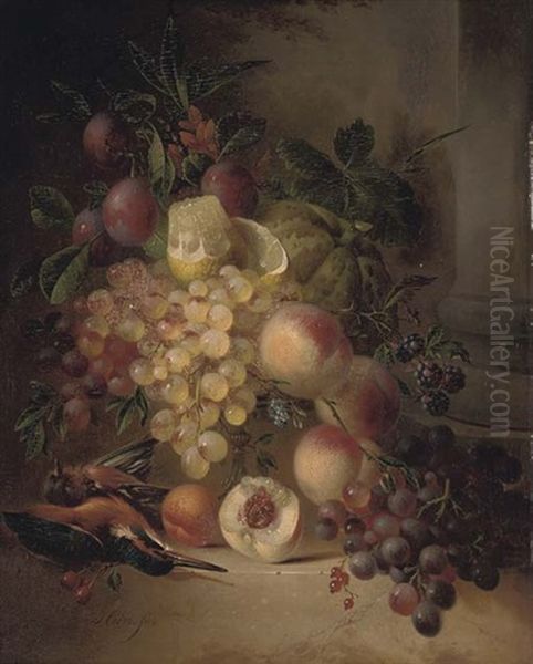 Grapes, A Lemon, Plums, Blackcurrants And Peaches In A Bowl With A Kingfisher And Chaffinch By A Pillar Oil Painting by Hendrik Jan Hein