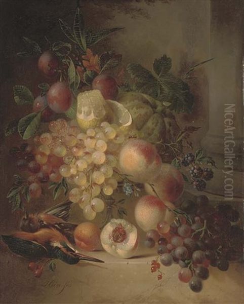 Grapes, A Lemon, Plums, Blackcurrants And Peaches In A Bowl By A Kingfisher And A Chaffinch By A Pillar Oil Painting by Hendrik Jan Hein