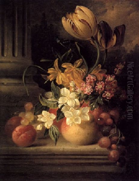 A Still Life With Peaches, Grapes, Parrot Tulips And Other Flowers On A Marble Ledge Oil Painting by Hendrik Jan Hein