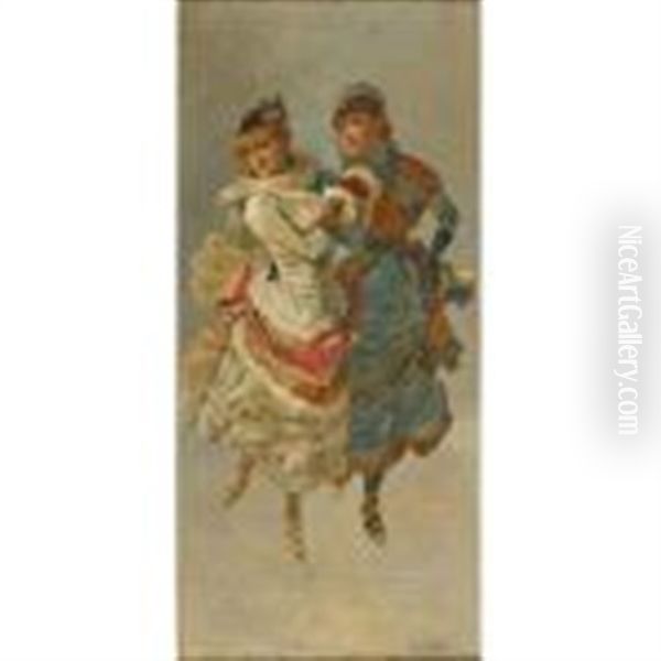 Two Women Ice Skating Oil Painting by Fredrick Wilhelm Heine