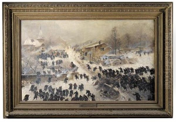 Battle At Chasille, 14 Jan 1871, Battle Scene With Troops Storming A Village (gefecht Bei Chasille, 14. Januar 1871, Schlachtenszene Mit Ein Dorf Sturmenden Truppen) Oil Painting by Fredrick Wilhelm Heine