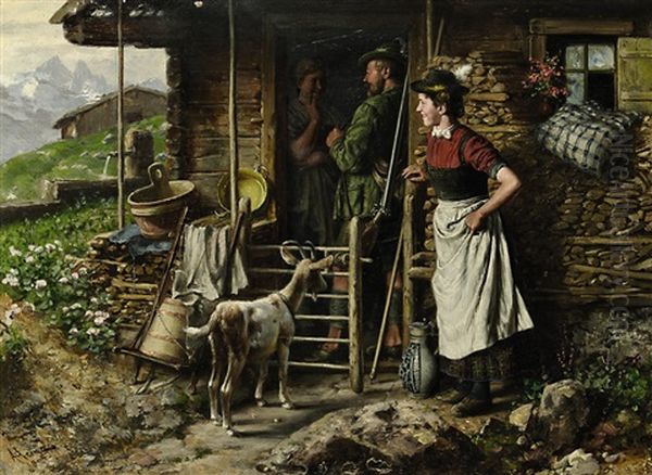 Der Besuch Des Jagers Auf Der Alm Oil Painting by Johann Adalbert Heine