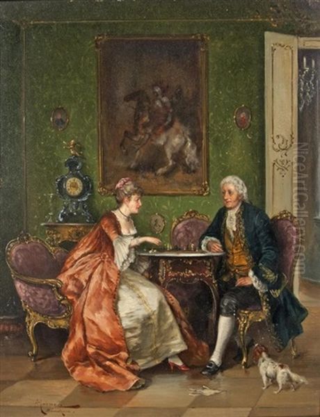 Hofisches Paar, Schach Spielend Oil Painting by Johann Adalbert Heine