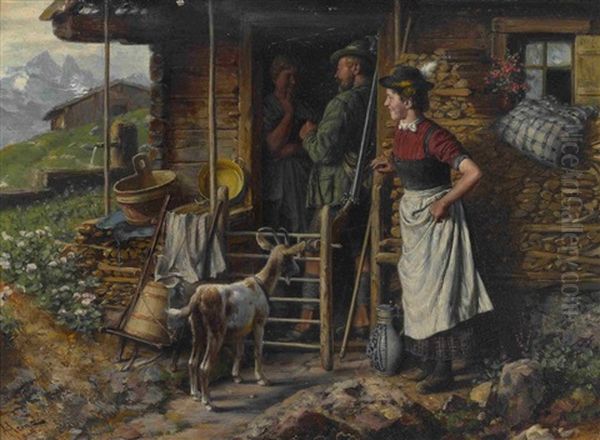 Der Besuch Des Jagers Auf Der Alm Oil Painting by Johann Adalbert Heine