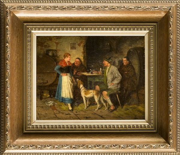 Wirtshausszene Mit Zwei Monchen, Einem Jager Mit Hund U. Der Gastwirtin Im Gewolbekeller Oil Painting by Johann Adalbert Heine