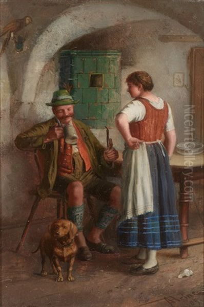 Blick In Ein Oberbayerisches Wirtshaus Mit Figurenstaffage Oil Painting by Johann Adalbert Heine