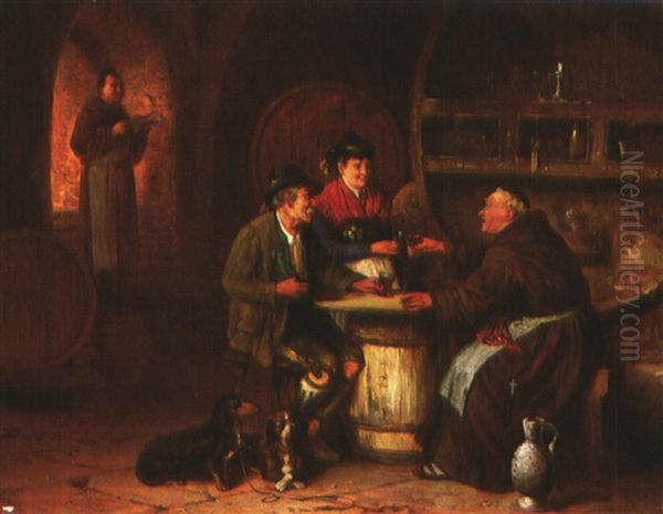 Zwei Monche Mit Bauerlichem Paar Und Zwei Hunden Im Weinkeller Oil Painting by Johann Adalbert Heine