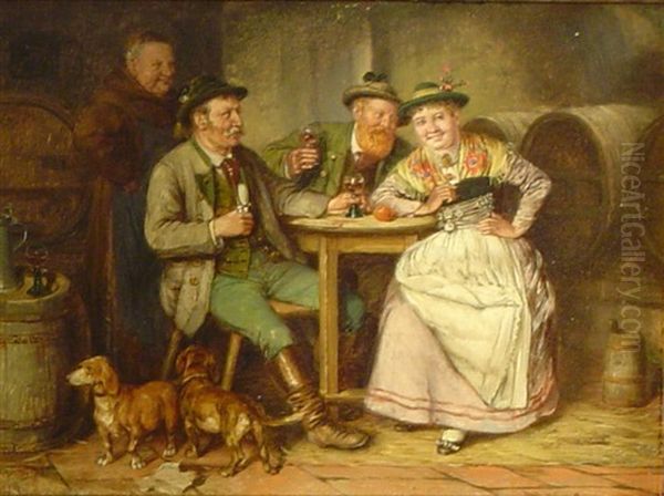 Gesellschaft Im Weinkeller (+ Another, Similar; 2 Works) Oil Painting by Johann Adalbert Heine