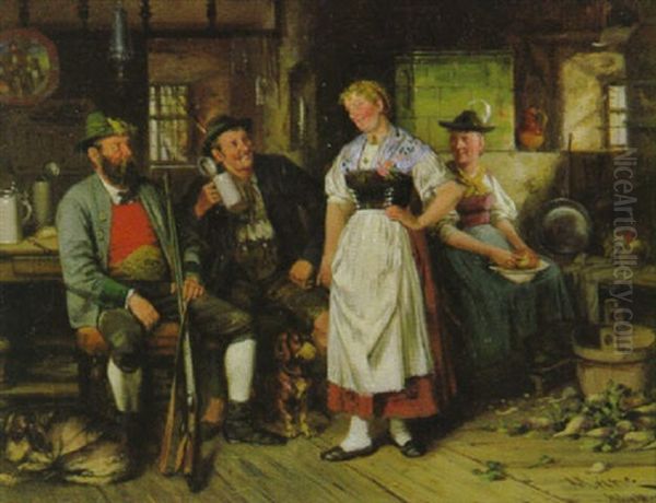 Oberbayerische Bauernkuche Mit Zwei Bauerinnen In Frohlichem Gesprach Mit Den Jagern Oil Painting by Johann Adalbert Heine