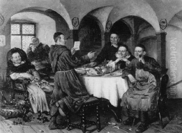 Heiterer Monchsvortrag An Reich Gedeckter Tafel Oil Painting by Johann Adalbert Heine