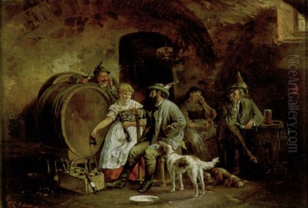 Zecherei Im Weinkeller Beim Abfullen Der Weinflaschen Oil Painting by Johann Adalbert Heine