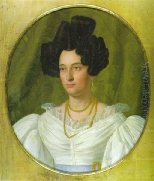 Brustportrait Einer Jungen Frau In Weiss Vor Grunem Damastvorhang Oil Painting by Ludwig Heine