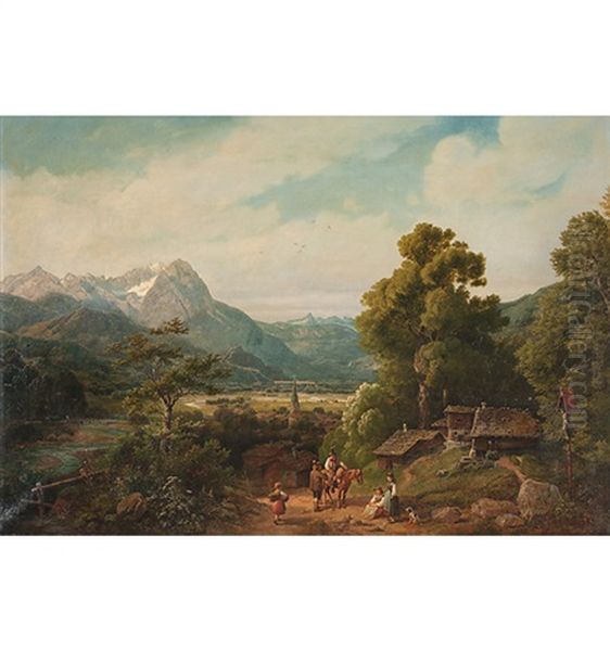 Kleines Dorf Im Tal Mit Wegkreuz Und Bauersleuten Im Gesprach Oil Painting by Johann Baptiste Heinefetter