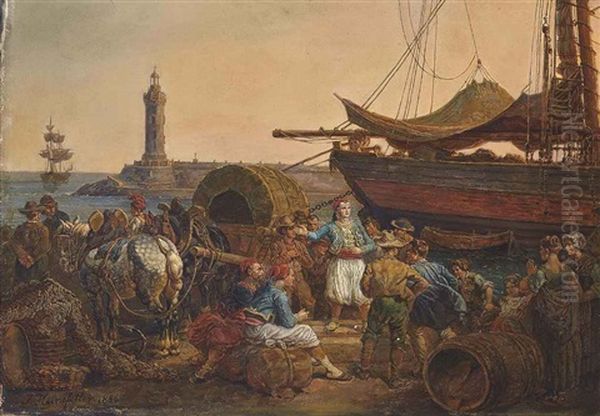 A Busy Mederranean Port Scene Oil Painting by Johann Baptiste Heinefetter