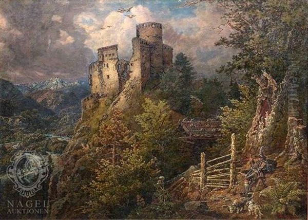 Burgruine In Tyrol Oil Painting by Johann Baptiste Heinefetter