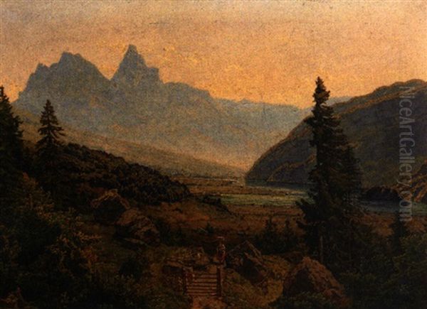 Flusslandschaft (der Junge Rhein?) Im Hochgebirge Mit Figurenstaffage Auf Altem Weg. Oil Painting by Johann Baptiste Heinefetter