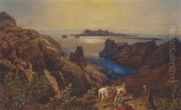 Graesk Olandskab, I Forgrunden Munk Og Bonde I Samtale Oil Painting by Johann Baptiste Heinefetter