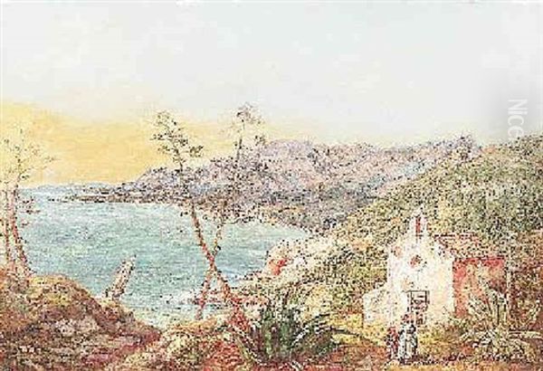 Ligurische Kustenlandschaft. Im Vordergrund Mutter Mit Kind Bei Einer Kapelle Oil Painting by Johann Baptiste Heinefetter