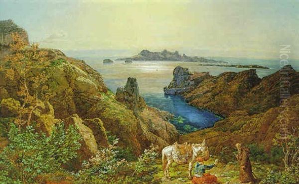 Griechische Insellandschaft, Im Vordergrund Monch Mit Bauer Und Esel Oil Painting by Johann Baptiste Heinefetter