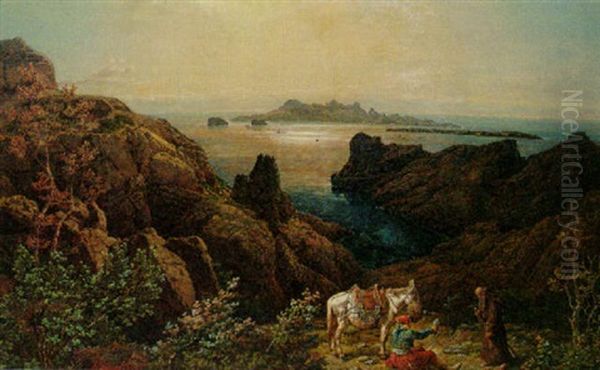 A Monk And A Traveller Meeting In A Rocky Coastal Landscape Oil Painting by Johann Baptiste Heinefetter