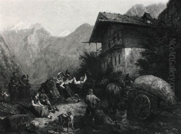 Tiroler Bauern Beim Tanz Am Ufer Des Gebirgssees Oil Painting by Johann Baptiste Heinefetter