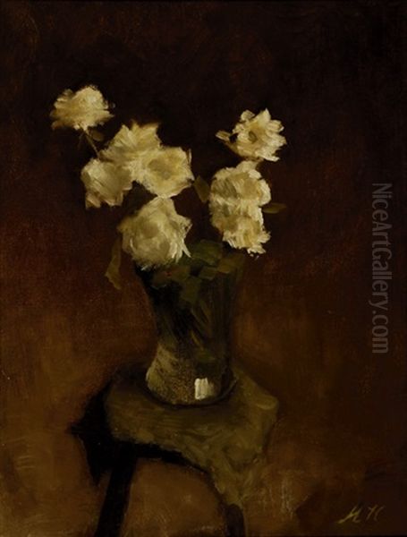 Still-life With White Roses In A Glass Vase On A Stool Oil Painting by Marie Heineken