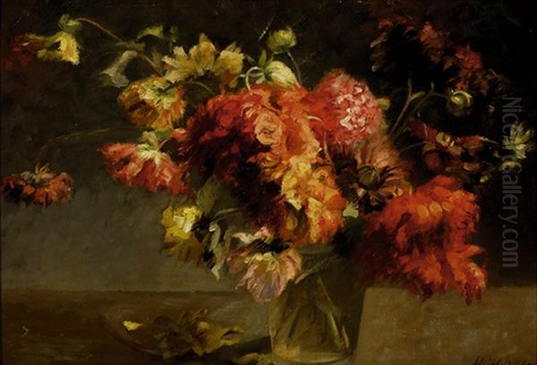 Still-life With Red Flowers In A Glass Vase Oil Painting by Marie Heineken