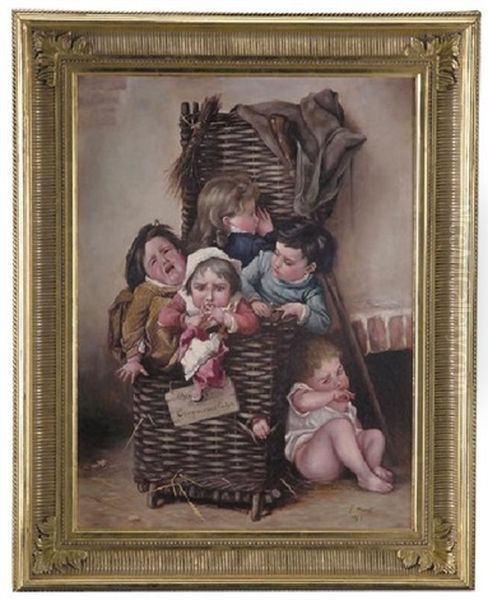 Ffive Young Children In A Basket Oil Painting by Eduard Heinel