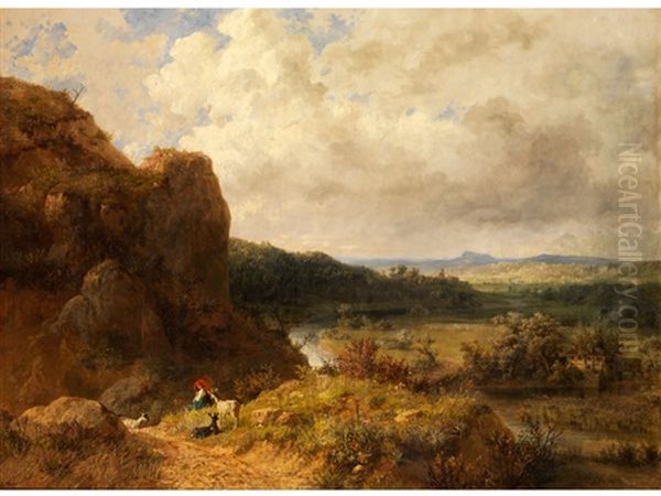 Blick In Eine Landschaft Mit Jungen Ziegenhirten Im Vordergrund Oil Painting by Eduard Heinel