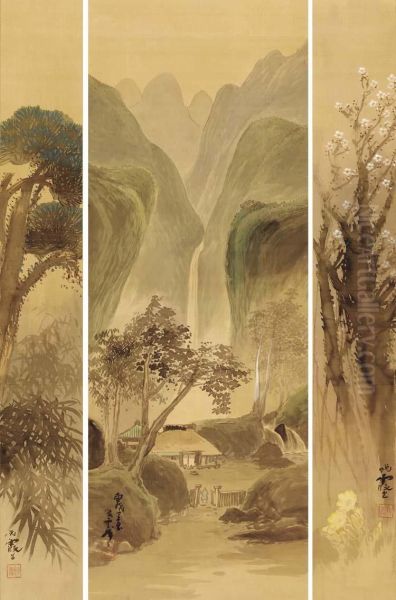 Kakei Bakufu; Shochiku; Ume Zu (waterfall In The Valley In Summer;pine And Bamboo; Plum) Oil Painting by Maruyama Banka