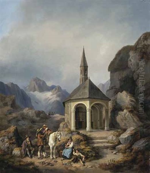 Reisende Vor Einer Kleinen Kapelle Im Gebirge Oil Painting by Johann Philipp Heinel