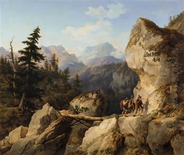 A Mountainous Landscape With Hunters Oil Painting by Johann Philipp Heinel