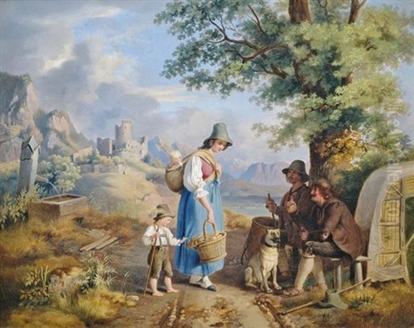 Tirolerin Mit Ihren Kindern Auf Dem Nachhauseweg Vom Markt Im Gesprach Mit Bauern. Im Hintergrund Weite Gebirgslandschaft Oil Painting by Johann Philipp Heinel