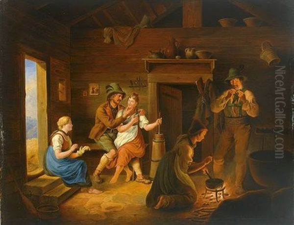 Blick In Einen Sennhutte Mit Reicher Figurenstaffage Oil Painting by Johann Philipp Heinel