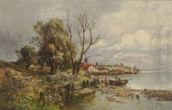 Dutch Shore Landscape With Fishermen Oil Painting by Karl Adam Heinisch