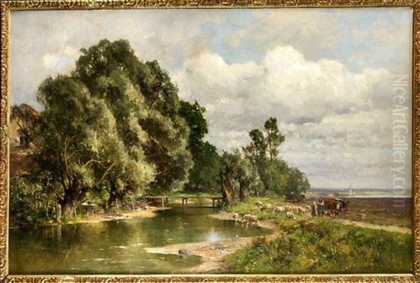 Schafhirtin Und Bauer Mit Ochsengespann In Bayerischer Flusslandschaft Oil Painting by Karl Adam Heinisch