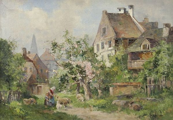 Bauerin Mit Schafen Bei Einem Dorf Oil Painting by Karl Adam Heinisch