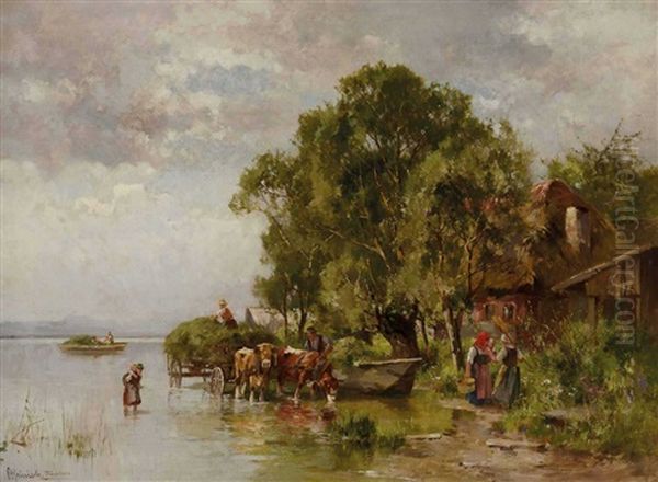 Heuernte Am Chiemsee Oil Painting by Karl Adam Heinisch