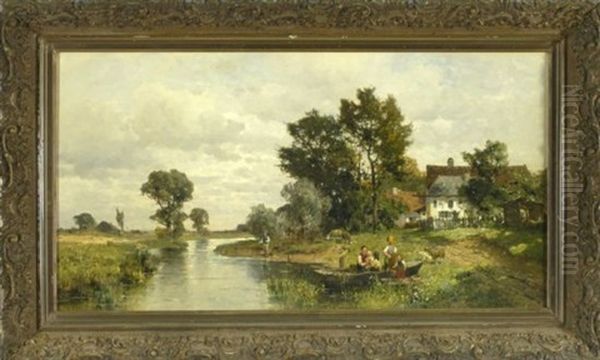 Landliche Idylle Am Fluss (bootsausflug Einer Familie, Der Vater Angelnd Am Ufer) Oil Painting by Karl Adam Heinisch