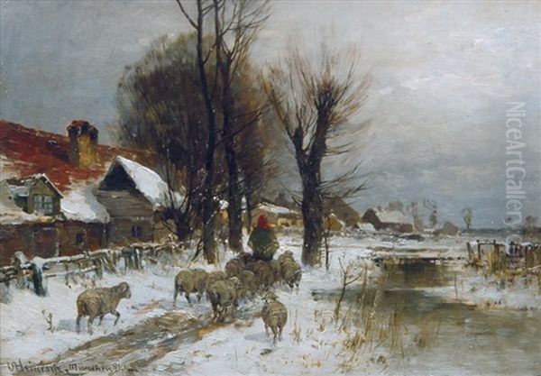 A Winterly Landscape With A Cottage And A Flock Of Sheep Oil Painting by Karl Adam Heinisch