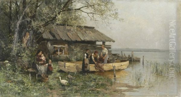 Uferlandschaft Mit Boot Und Fischerfamilie Oil Painting by Karl Adam Heinisch